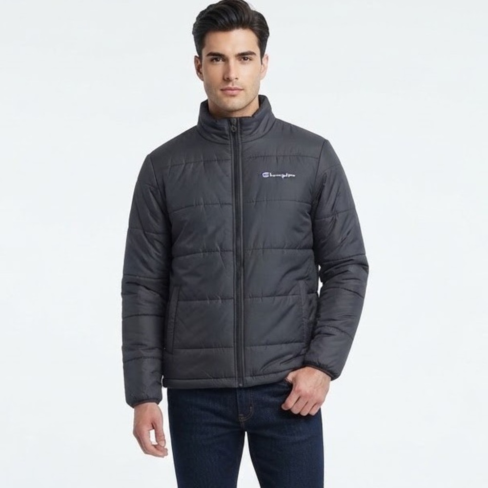 Champion Mens Puffer Jacket Gray Quilted Full Zip Stand Collar Size M